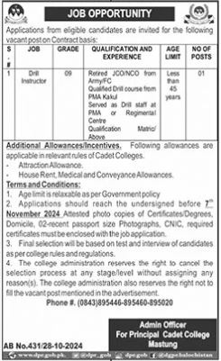 Cadet College Mastung Jobs 2024 