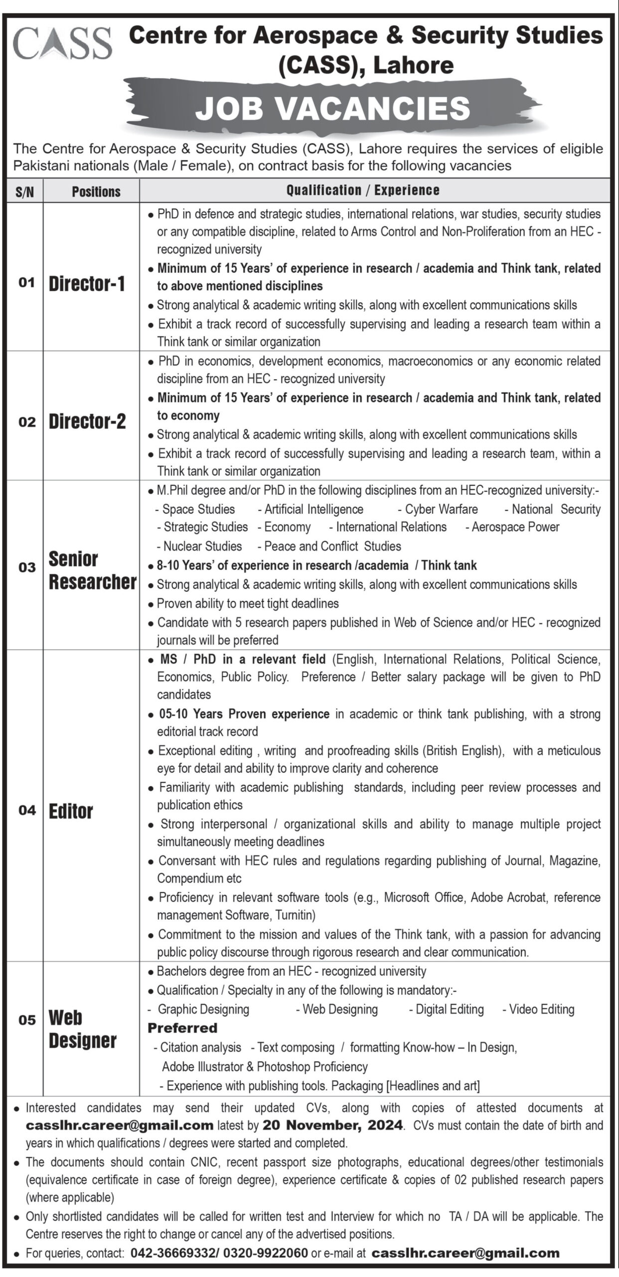 Centre For Aerospace & Security Studies (CASS) Jobs 2024