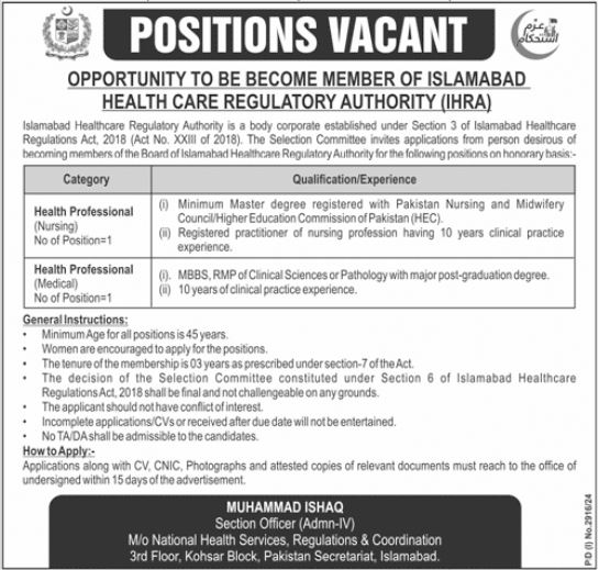 Islamabad Healthcare Regulatory Authority (IHRA) Jobs 2024