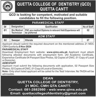 Quetta College Of Dentistry (QCD) Jobs 2024