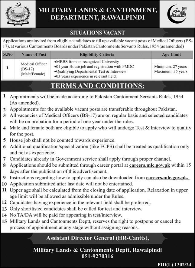 Medical Officer Jobs In Military Lands & Cantonment (MLC) Jobs 2024