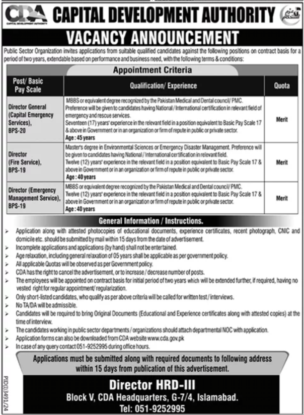 Capital Development Authority (CDA) Jobs 2024