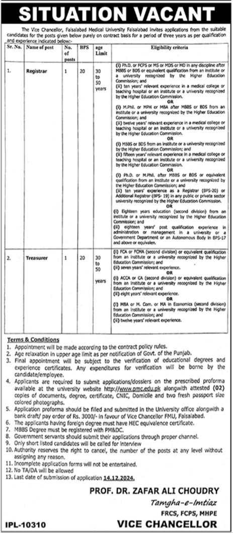 Faisalabad Medical University (FMU) Jobs 2024 