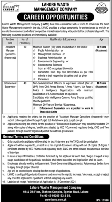 Lahore Waste Management Company (LWMC) Jobs 2024