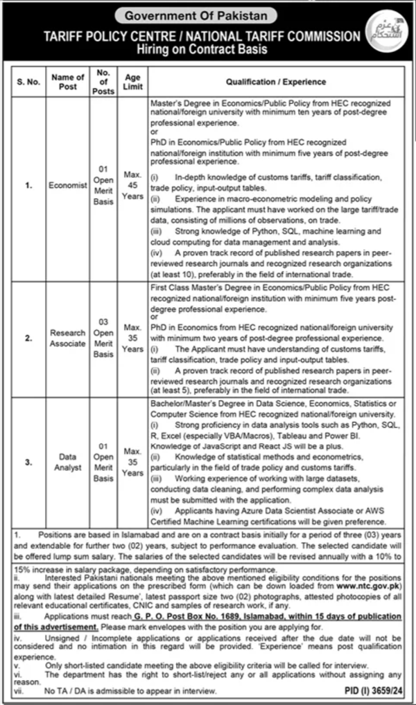 National Tariff Commission (NTC) Islamabad Jobs 2024