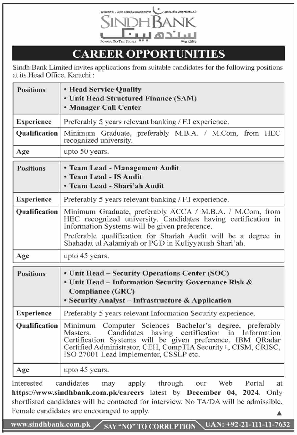 Sindh Bank Karachi Jobs 2024 
