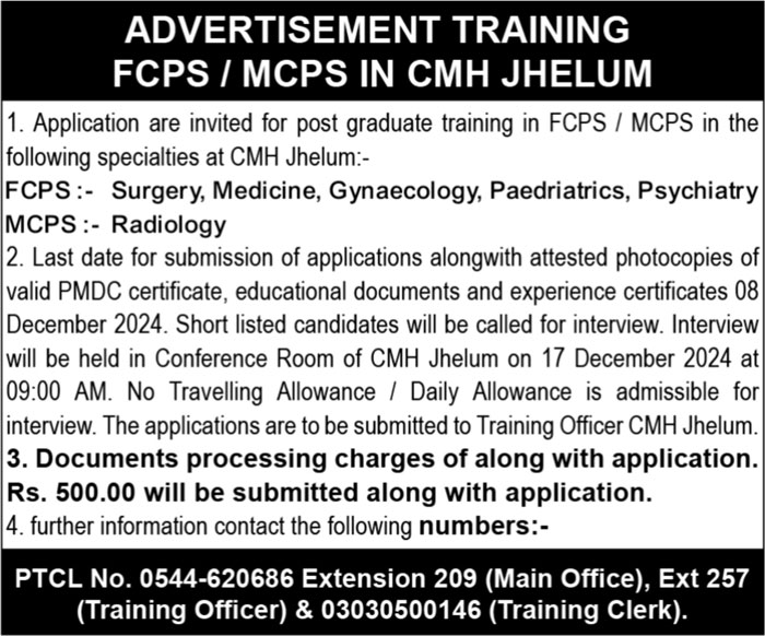 Combined Military Hospital (CMH) Jhelum FCPS Training Jobs 2024