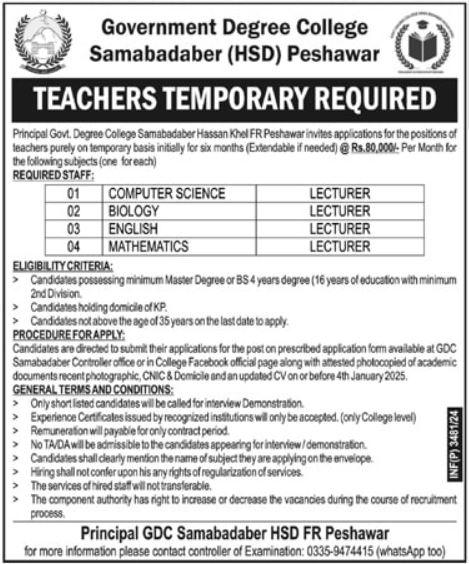 Jobs In Government Degree College Peshawar 2025