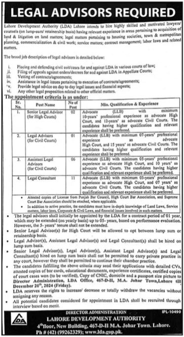 Lahore Development Authority (LDA) Jobs 2024